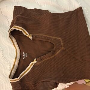 Urban Outfitters Brown Ribbed Top with Striped Trim